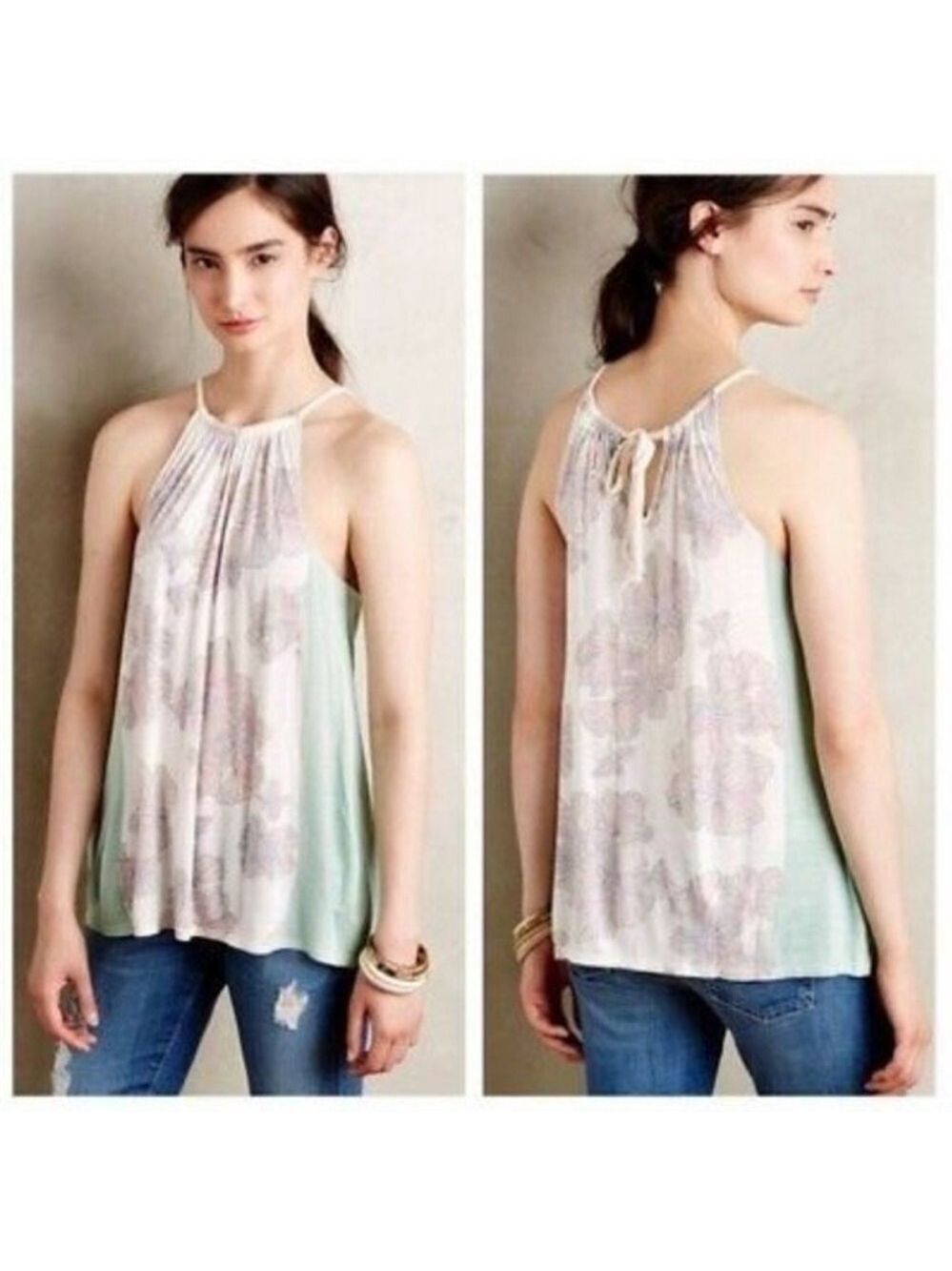NWT Anthropologie Deletta Teal Floral Tank Top Silk Blend M